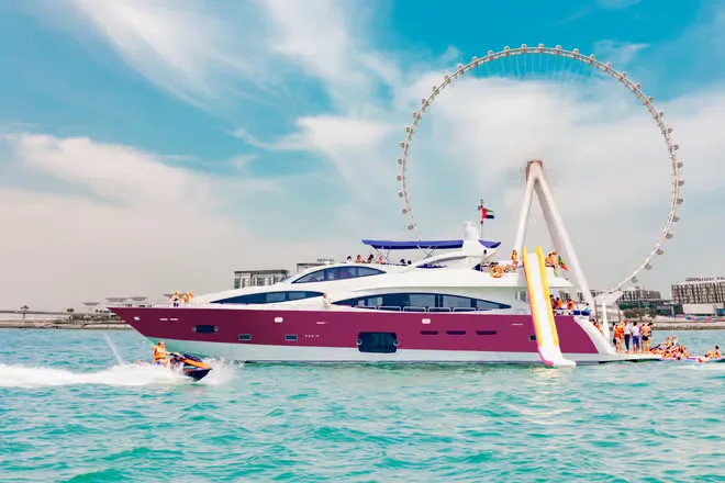 Dubai Ride & Slide Shared Yacht Cruise – 3h Watersports & BBQ