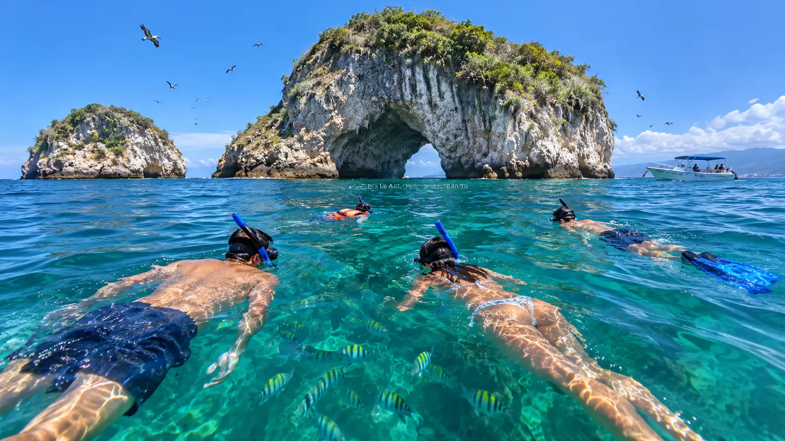 Snorkelers glide over schools of yellow-striped fish toward the Los Arcos rock arch
