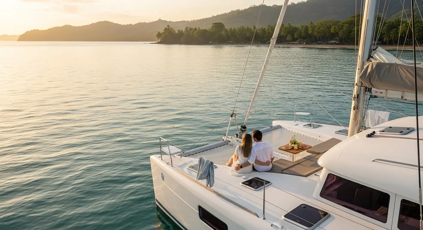 Couple on a catamaran viewed from the back enjoying a peaceful sunset cruise in Costa Rica during a relaxing babymoon experience
