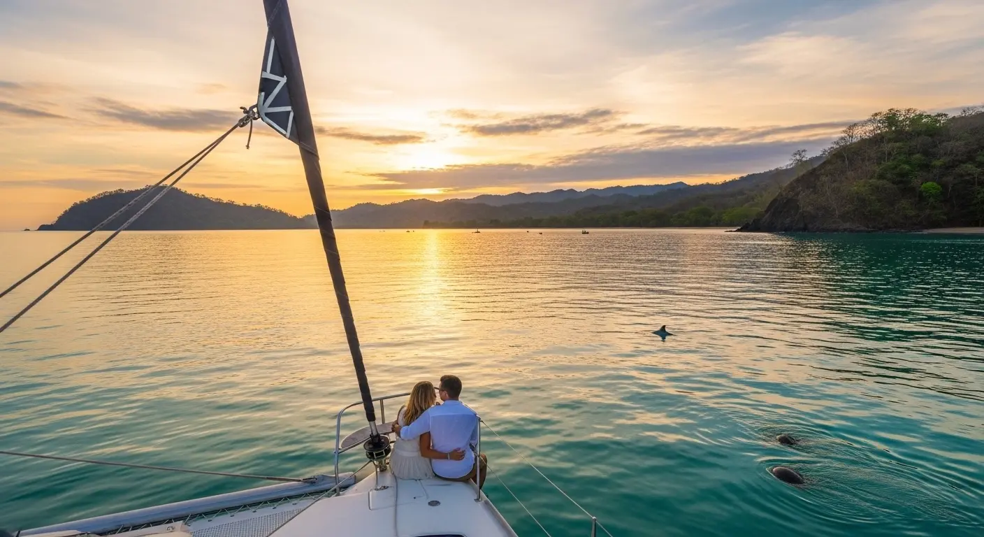Couple enjoying a sunset date cruise Costa Rica on a catamaran with calm turquoise waters and a scenic coastline in the background