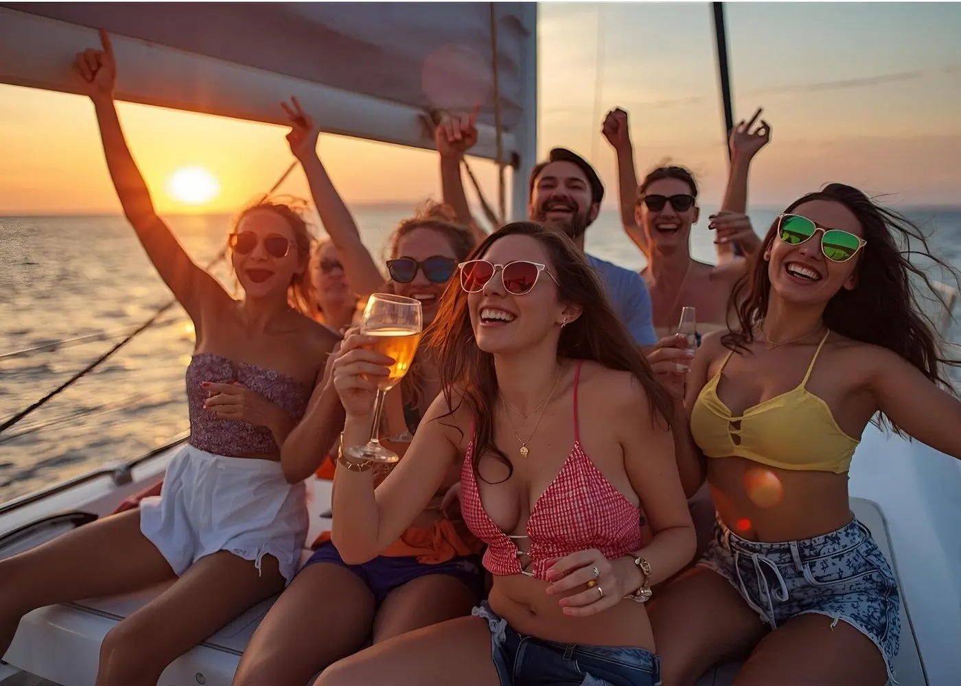 Guests cheering with raised arms and drinks on a sailing catamaran at sunset