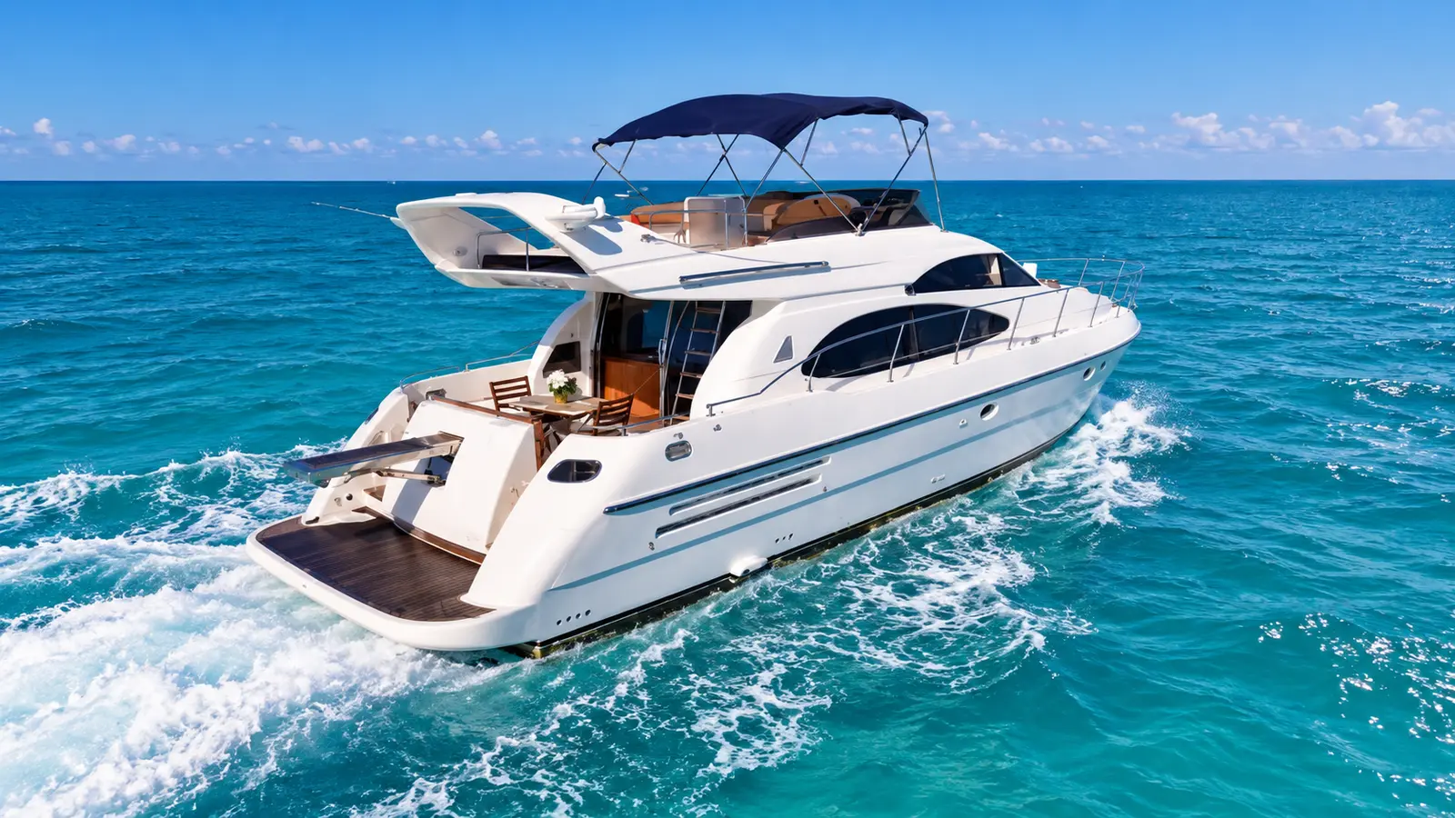 White flybridge yacht with a navy bimini cruising across turquoise water off Cancún