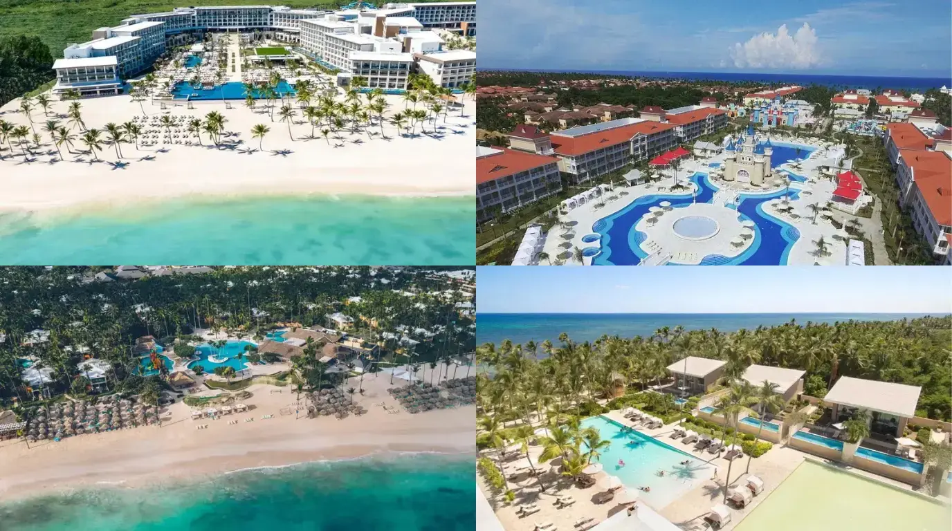 Vistas aéreas de resorts de playa en Punta Cana con palmeras, arena blanca y piscinas, una con un castillo