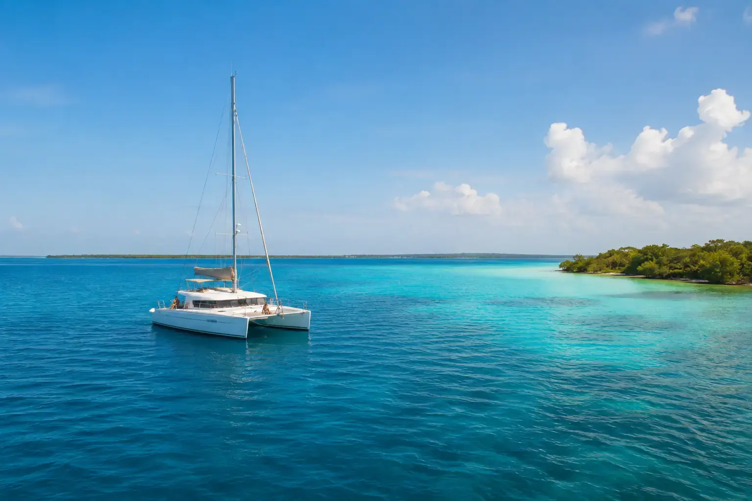 Things to Do in Bacalar: Top Attractions & Lagoon Tours featuring a pristine turquoise lagoon, white sandy beach with thatched umbrellas, crystal-clear water, and dramatic rocky cliffs under a bright blue sky.