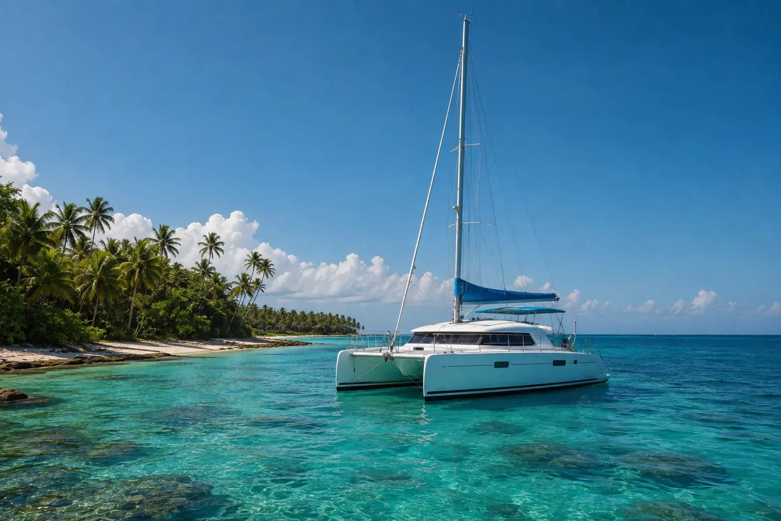 Saona Island Day Trip Punta Cana featuring a realistic catamaran in crystal-clear turquoise Caribbean waters near a tropical palm-lined island.