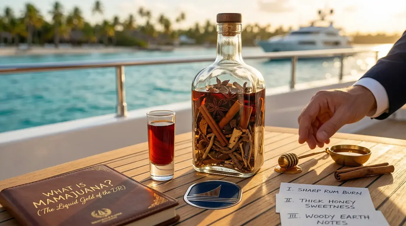 Bottle of mamajuana with bark, cinnamon and star anise beside a poured shot and honey on a yacht deck table
