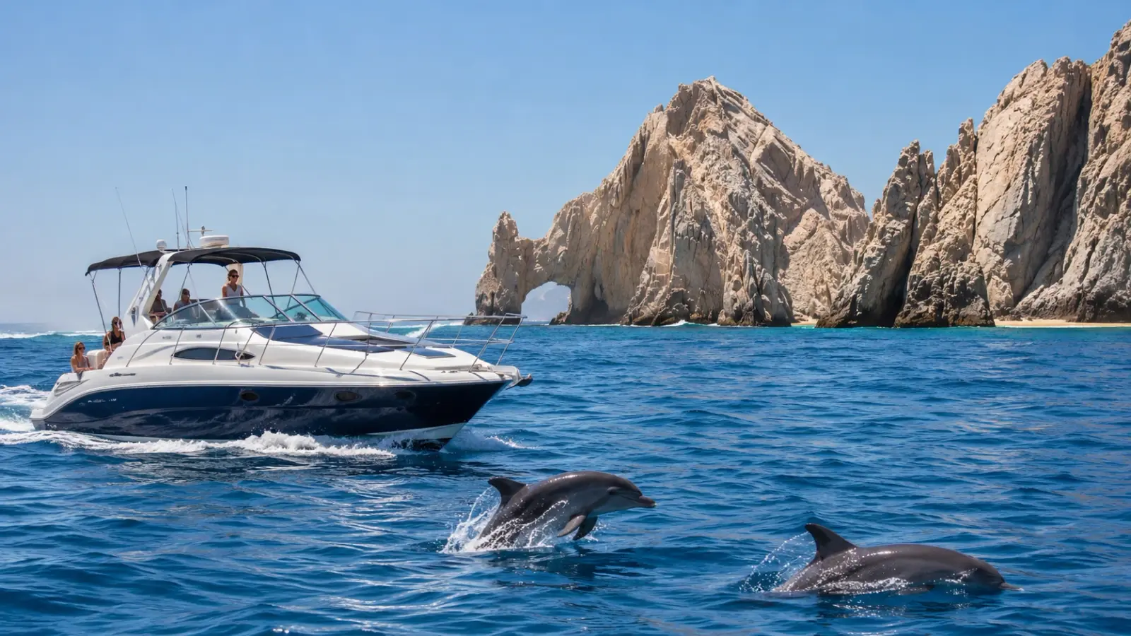 Private yacht near El Arco in Cabo San Lucas with wild dolphins swimming in the blue ocean