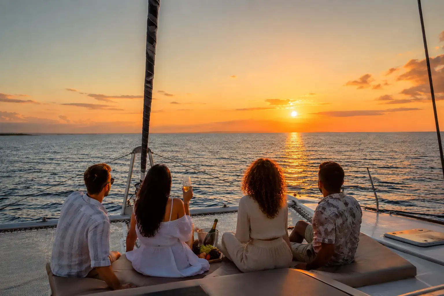 Private Cozumel catamaran charter cruise with a small group enjoying a sunset over the Caribbean Sea.