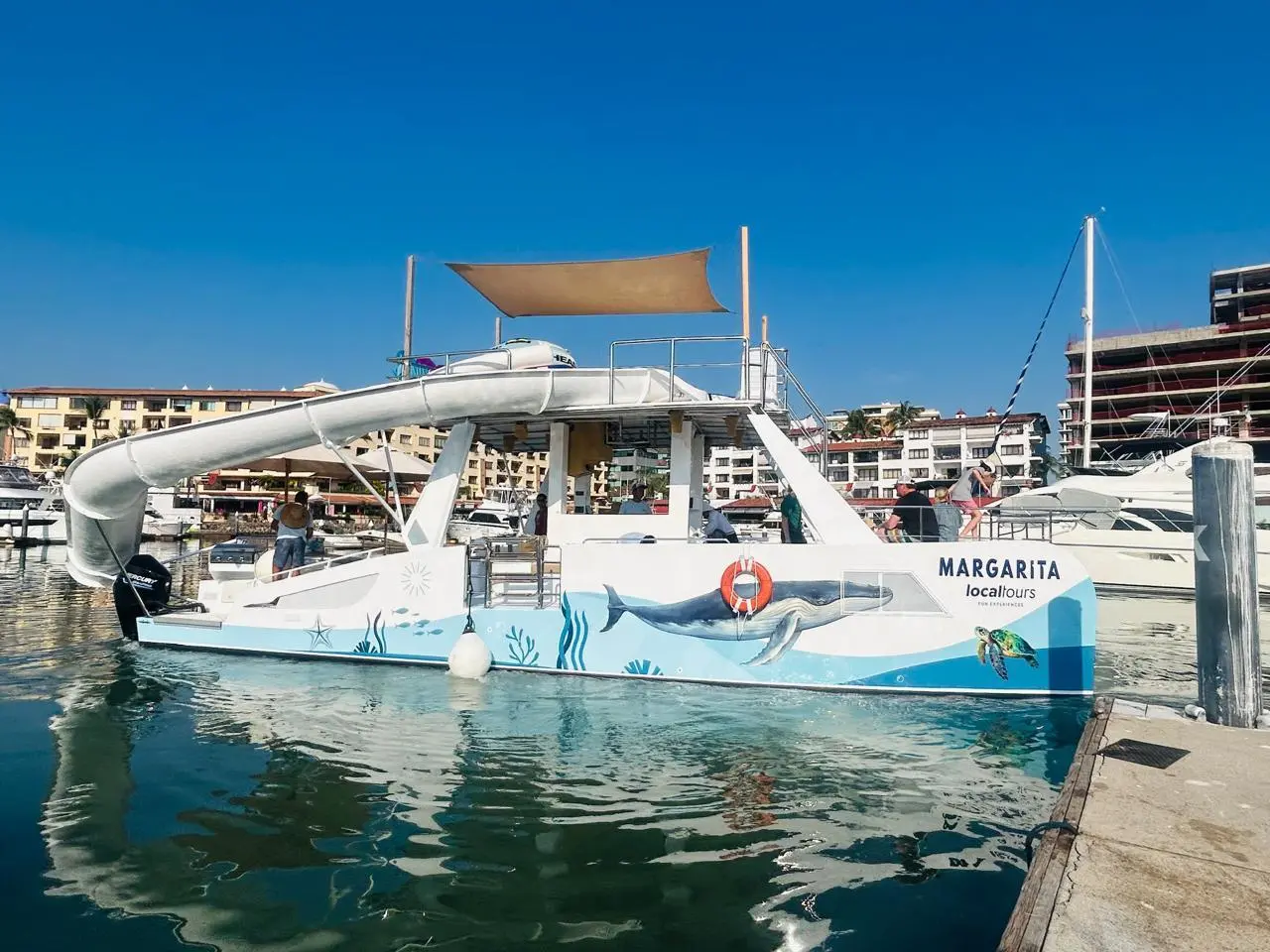 Party catamaran with a curving water slide and dolphin art on its hull, docked at a Puerto Vallarta marina