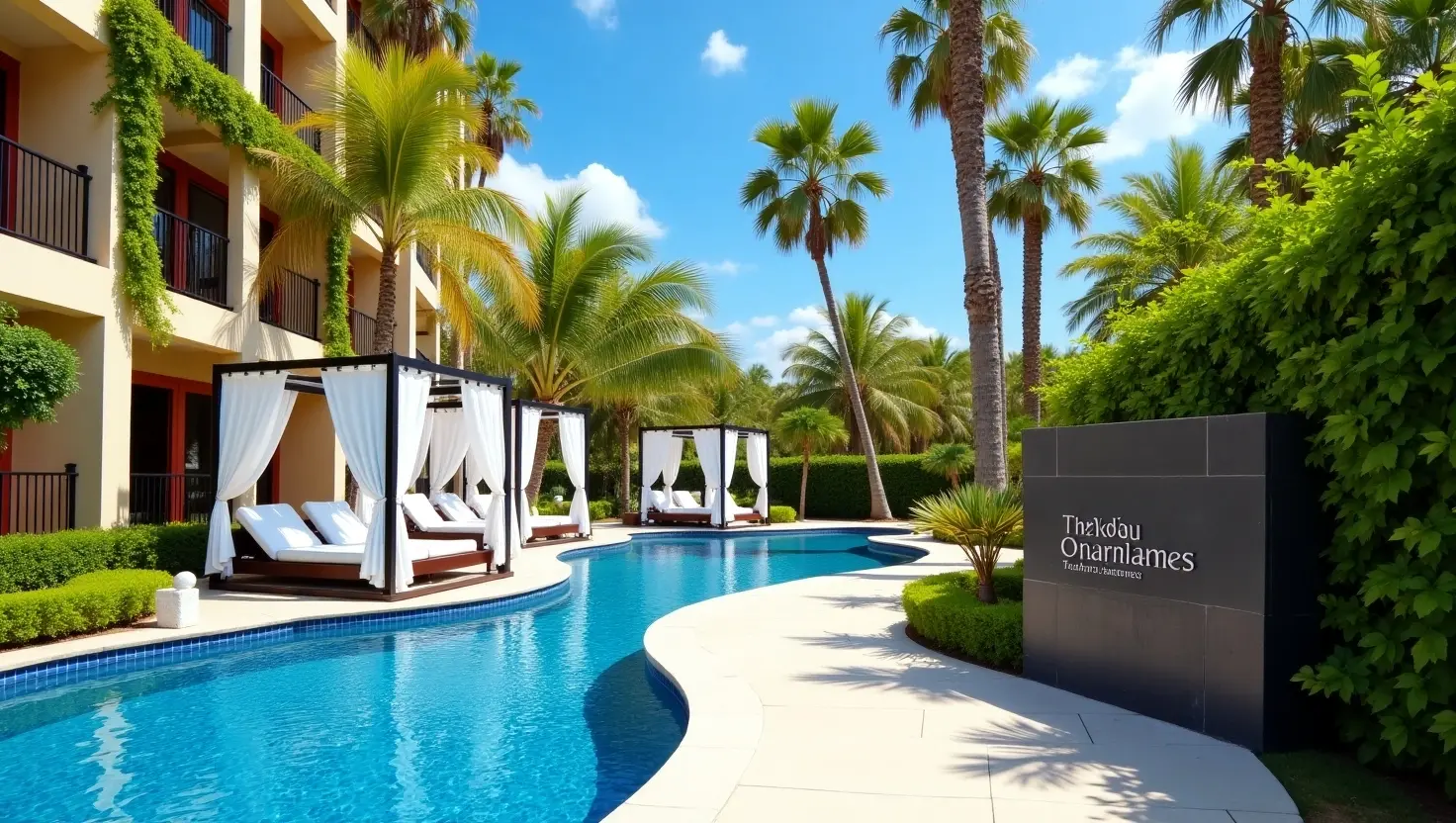 Winding resort pool with curtained cabana daybeds, palm trees and balconied rooms in Punta Cana