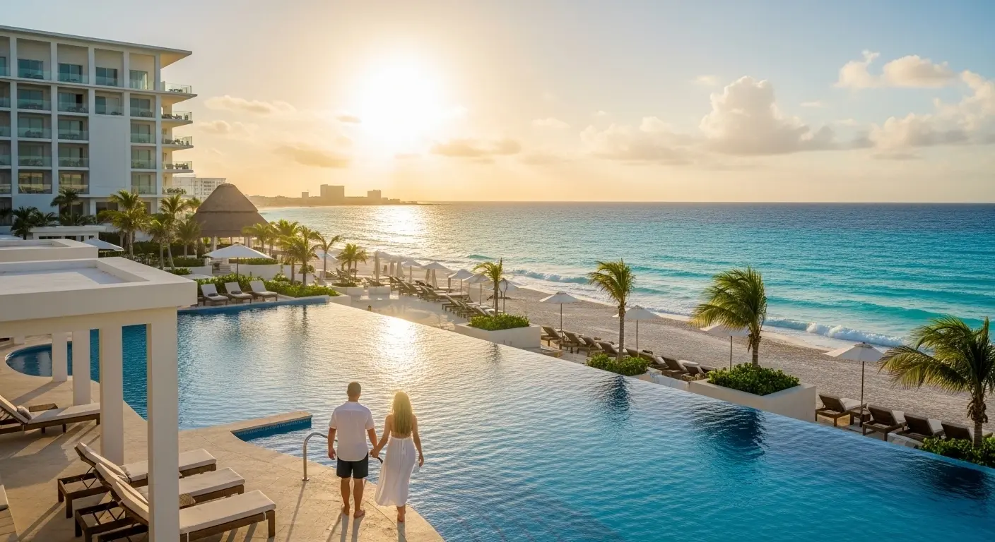 Luxury oceanfront resort in Cancun with a couple enjoying a romantic sunset by the infinity pool, representing the best places to stay in Cancun for couples.
