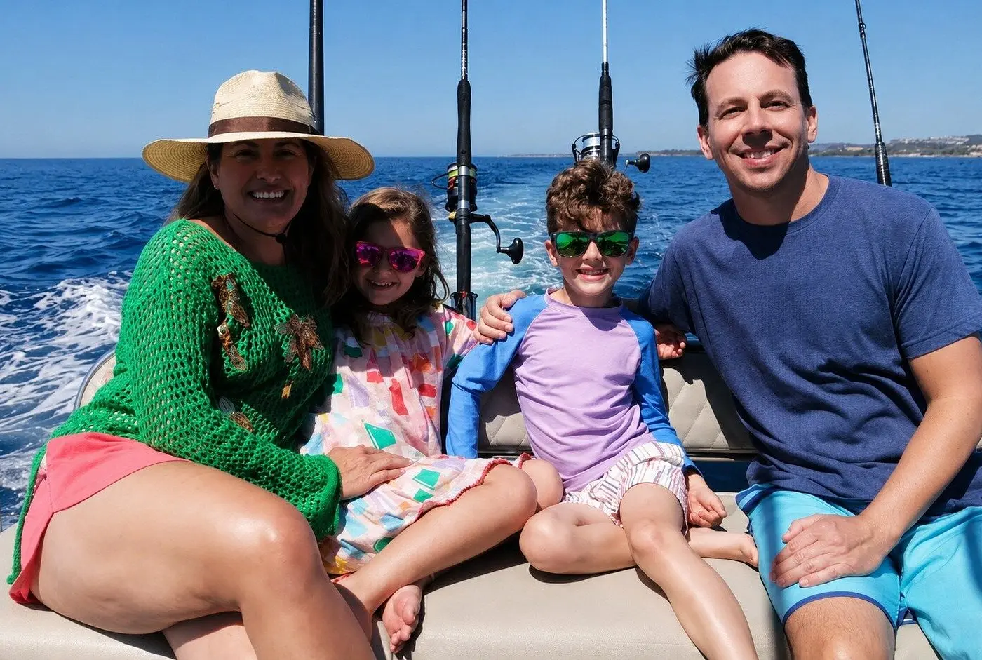 Family of four smiling on the boat's stern seat as it speeds along, fishing rods behind them