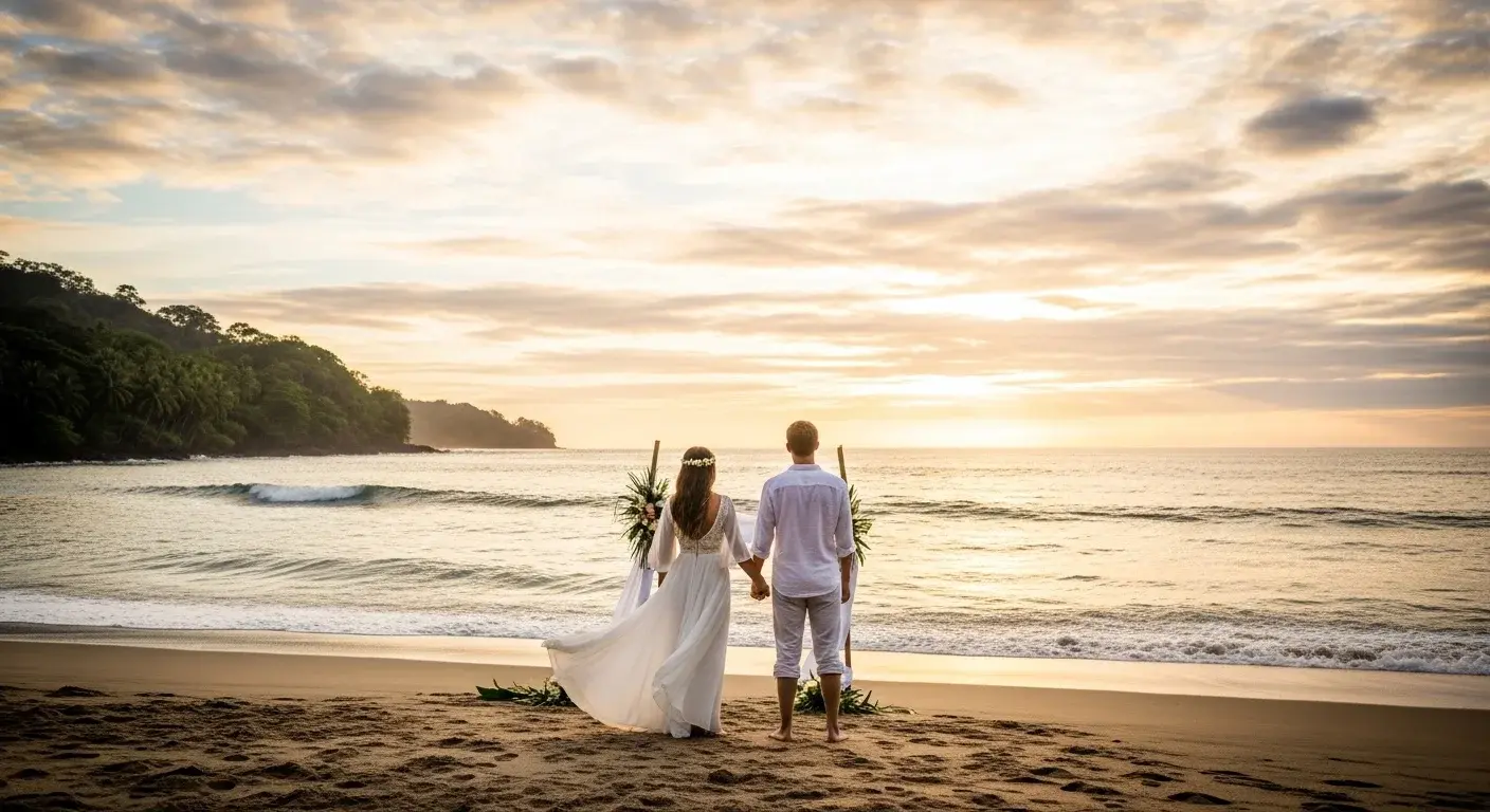 Couple standing together on a Costa Rica beach during sunset in wedding attire, holding hands near a simple ceremony setup with ocean views and a peaceful tropical atmosphere.