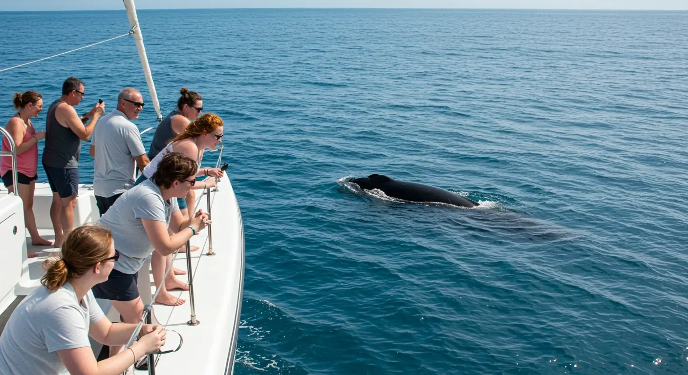 Guests leaning over a sailboat's bow rail to watch a large dark whale surfacing in open blue water