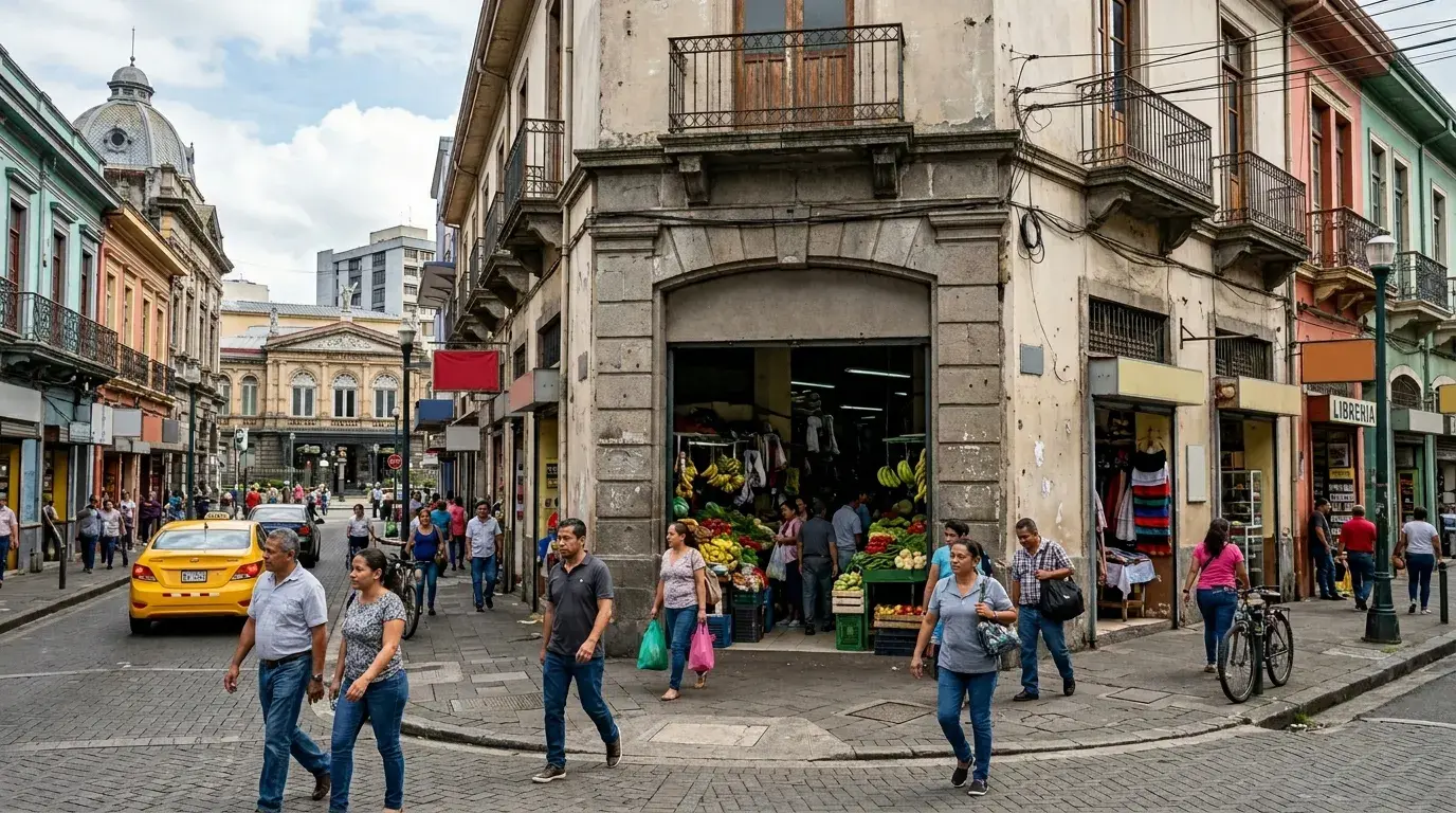 things to do in San Jose Costa Rica Historic downtown San José Costa Rica near Mercado Central with local market stalls, colonial buildings, and people walking along the city streets.