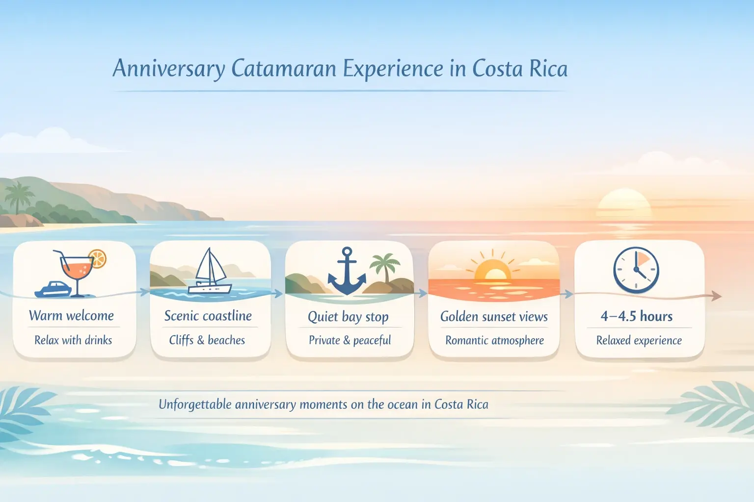 Infographic showing anniversary catamaran experience in Costa Rica including boarding, coastal sailing, secluded bay stop, sunset views, and trip duration