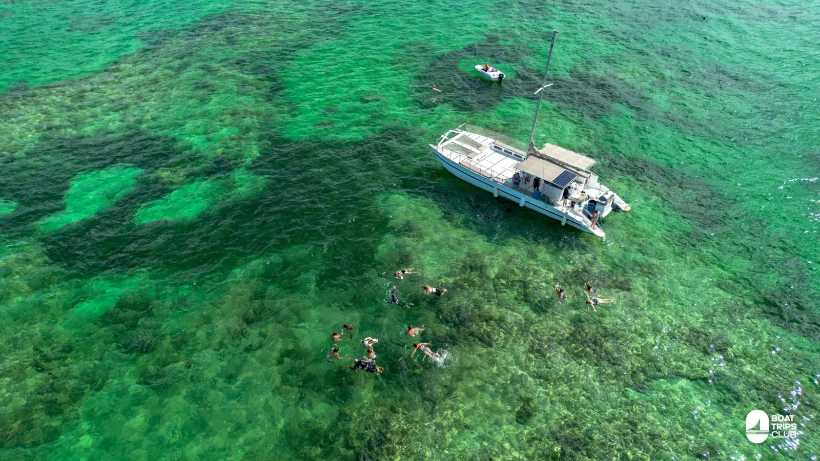 Aerial view of a sailing catamaran anchored over green reef patches off Punta Cana as snorkelers swim nearby