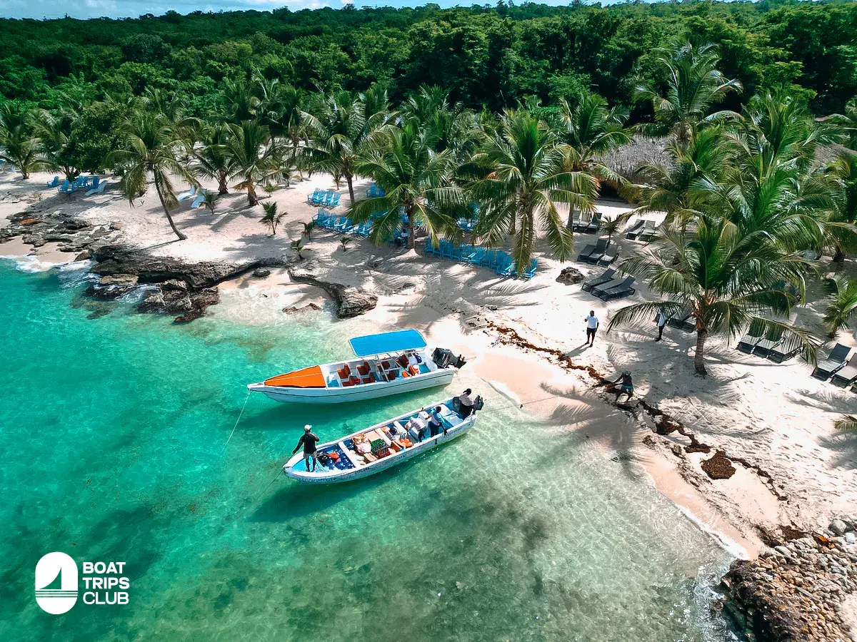 Aerial view of two speedboats full of guests moored at a palm-lined Saona Island beach