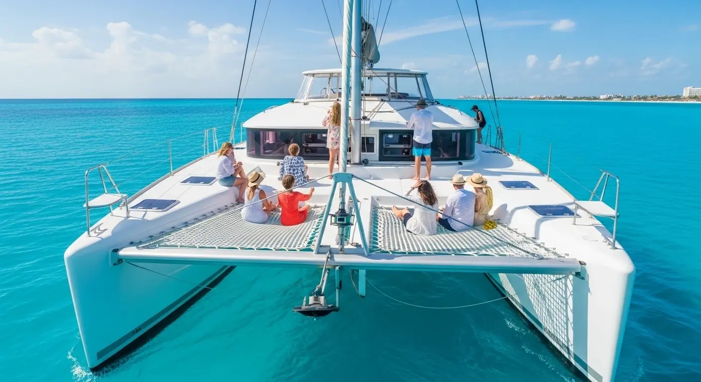 Modern white catamaran sailing in Cancun with guests relaxing on the deck, viewed from behind, cruising over calm turquoise Caribbean waters.