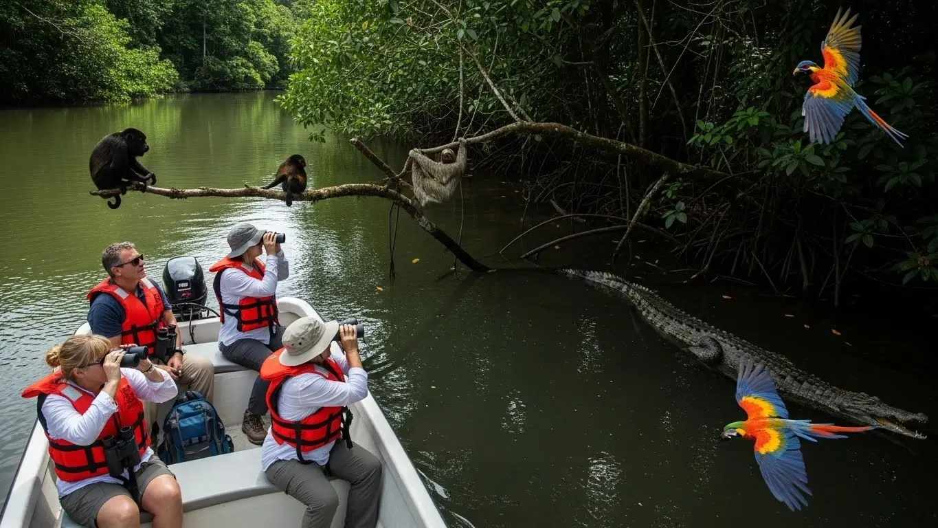 Guests with binoculars in a small boat spotting monkeys, a sloth, a crocodile and macaws on a Costa Rica river