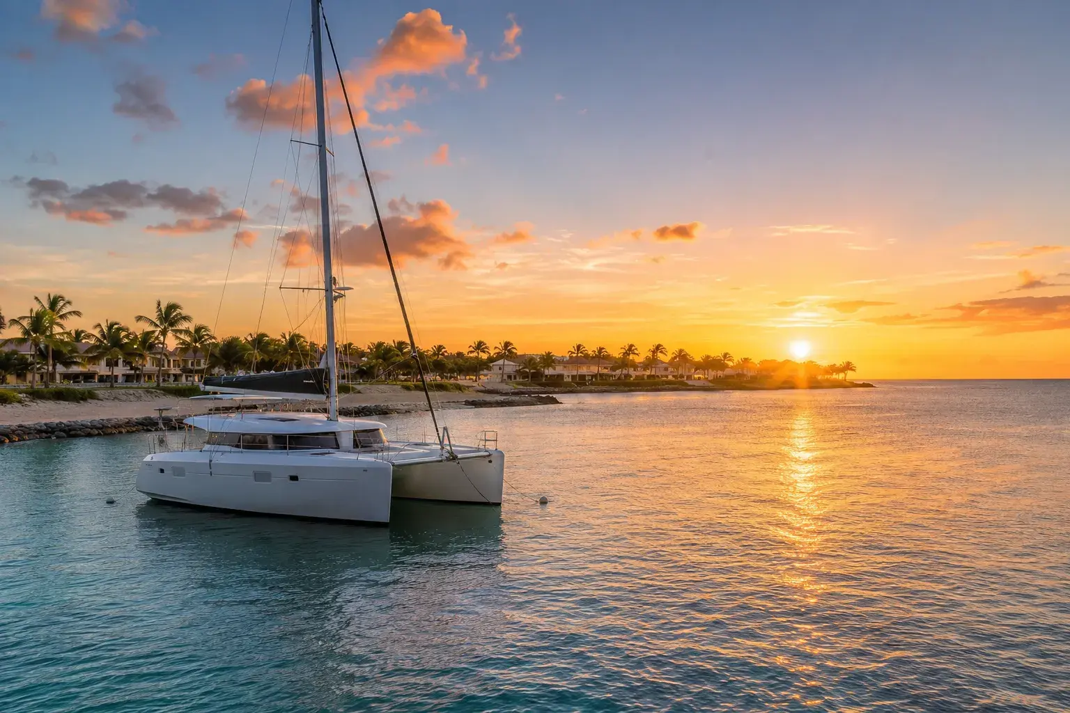 Catamaran moored in calm water off Cap Cana's palm-lined shore as the sun sets over the sea