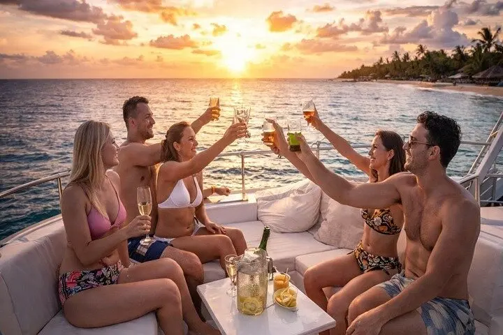 Six guests raising a toast on the catamaran's deck lounge at sunset near a palm-lined shore