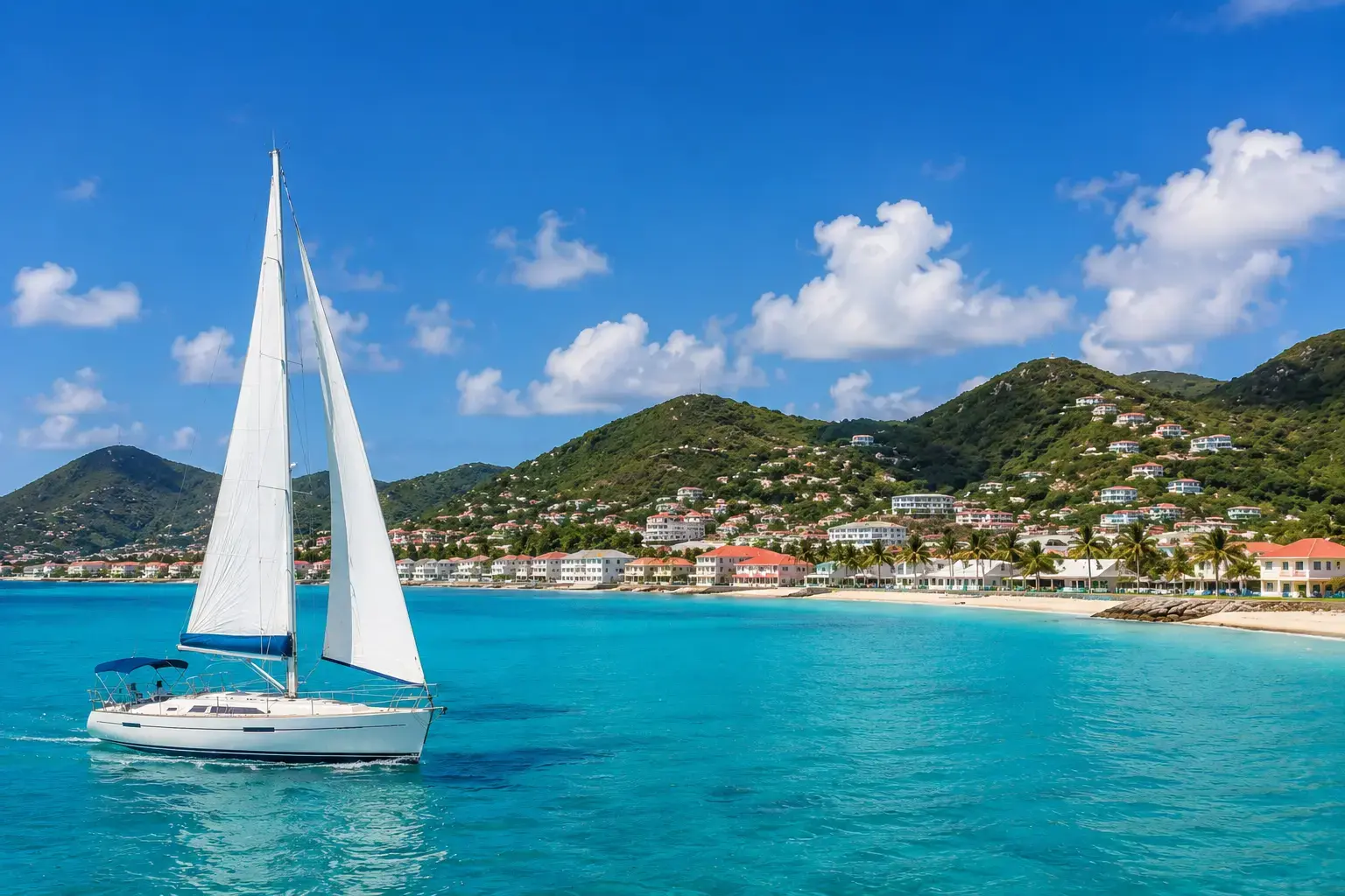 Sailboat under full sail on turquoise water off a St. Maarten beach town with hillside homes