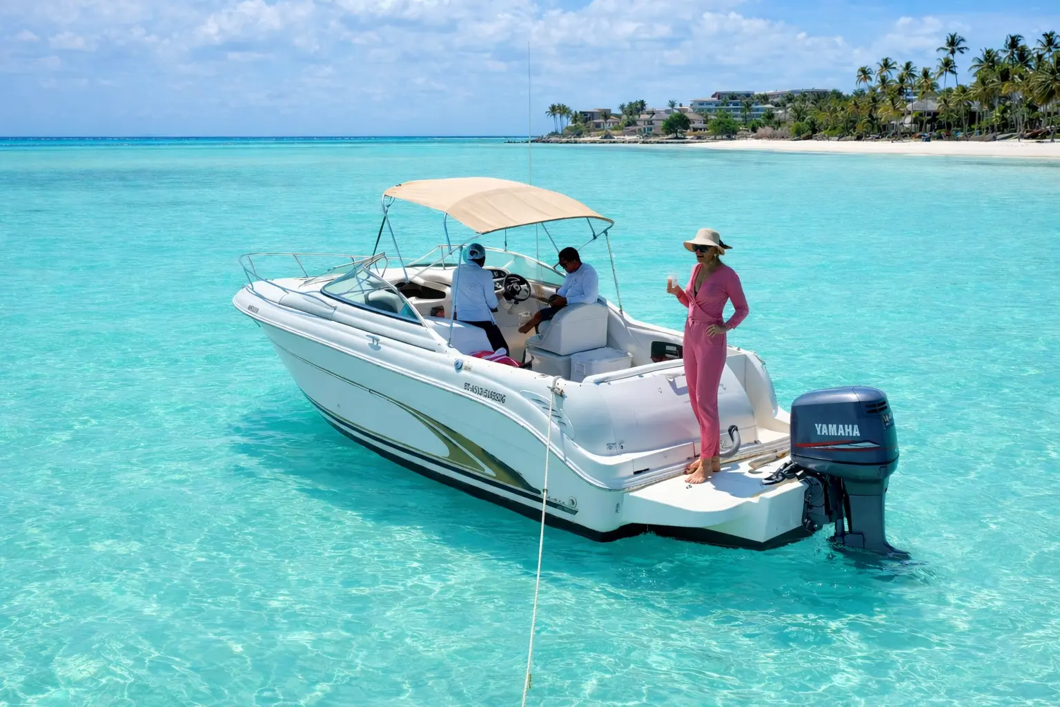 A woman in pink stands at the stern of a small motorboat anchored in turquoise shallows off Cap Cana