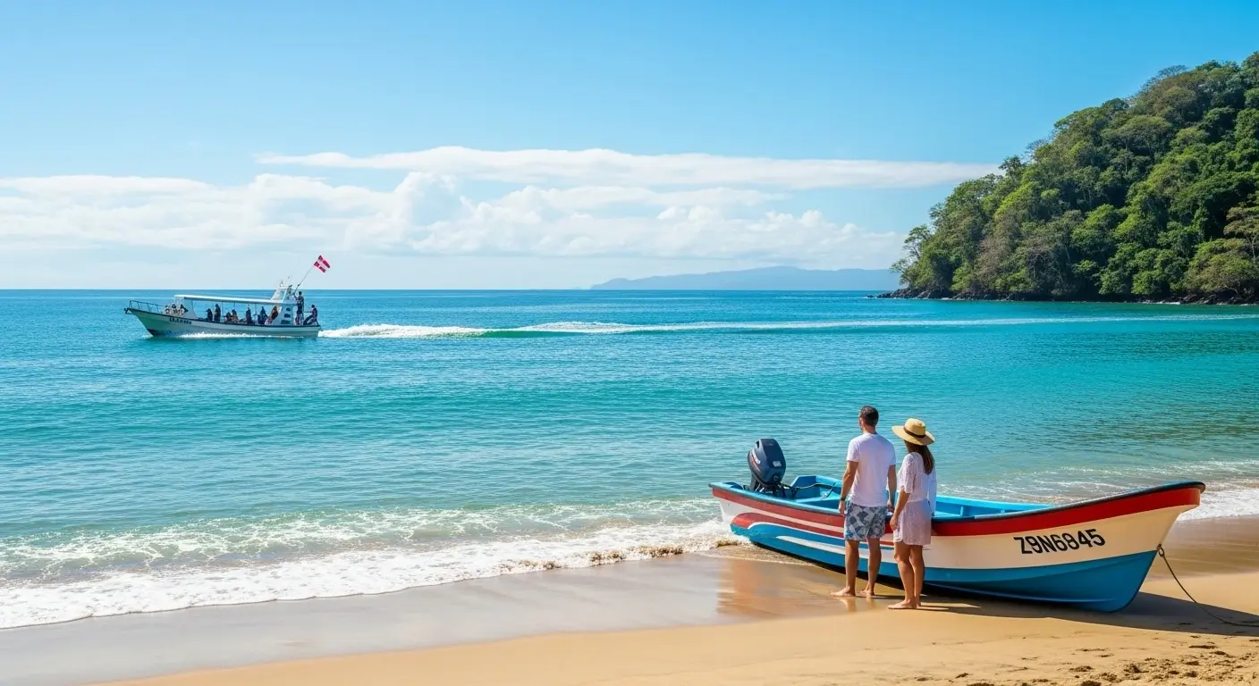 Couple beside a beached fishing boat as a tour boat with guests cruises past on a Costa Rica bay