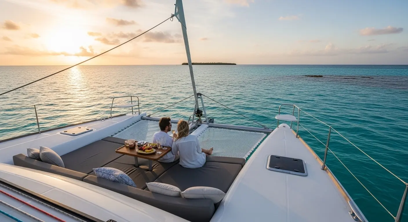 Couple enjoying a private romantic moment on a luxurious catamaran over turquoise Cancun waters at sunset, with champagne, a gourmet platter, and distant Isla Mujeres in the background.
