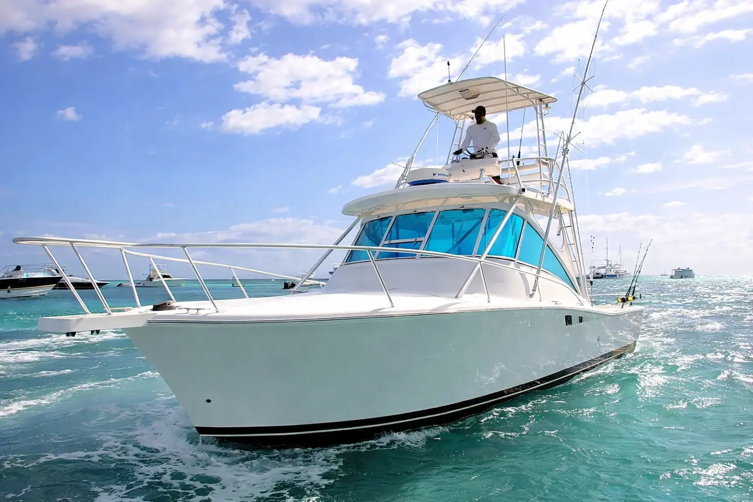 Sportfishing boat heading out on turquoise water on a Punta Cana fishing charter