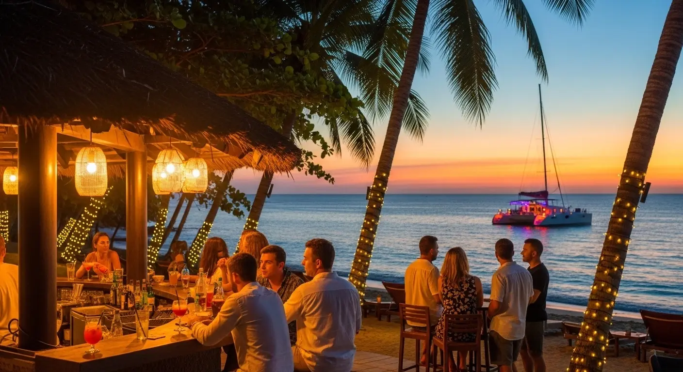 Guests sip cocktails at a lantern-lit beach bar in Costa Rica at dusk as a lit catamaran sits offshore