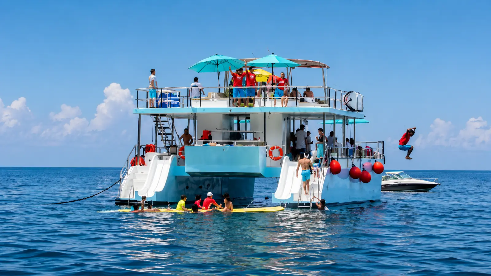 Guests jumping from the catamaran's top deck and floating on a mat by its slides off Puerto Vallarta