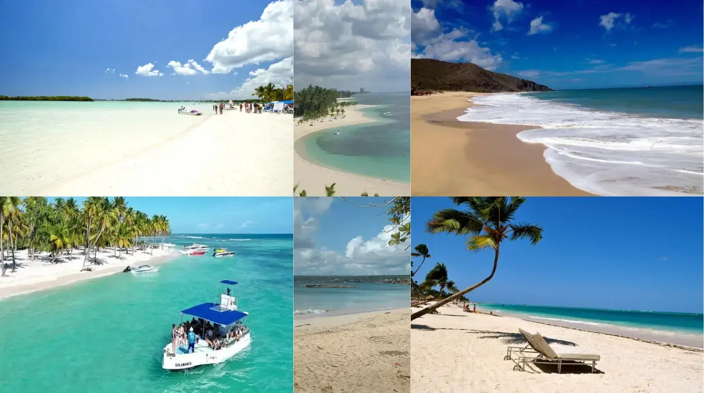 Six-photo collage of Santo Domingo area beaches with palms, turquoise shallows, surf and a canopied tour boat