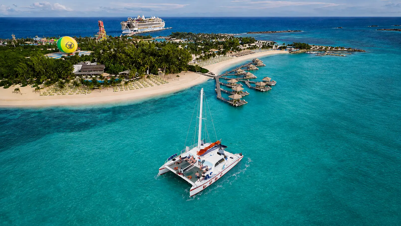 Catamaran in turquoise water by the cruise port beach at Cabo Rojo, Dominican Republic