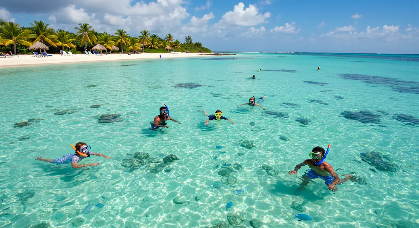 Snorkelers enjoying clear waters and vibrant marine life at a tropical beach.
