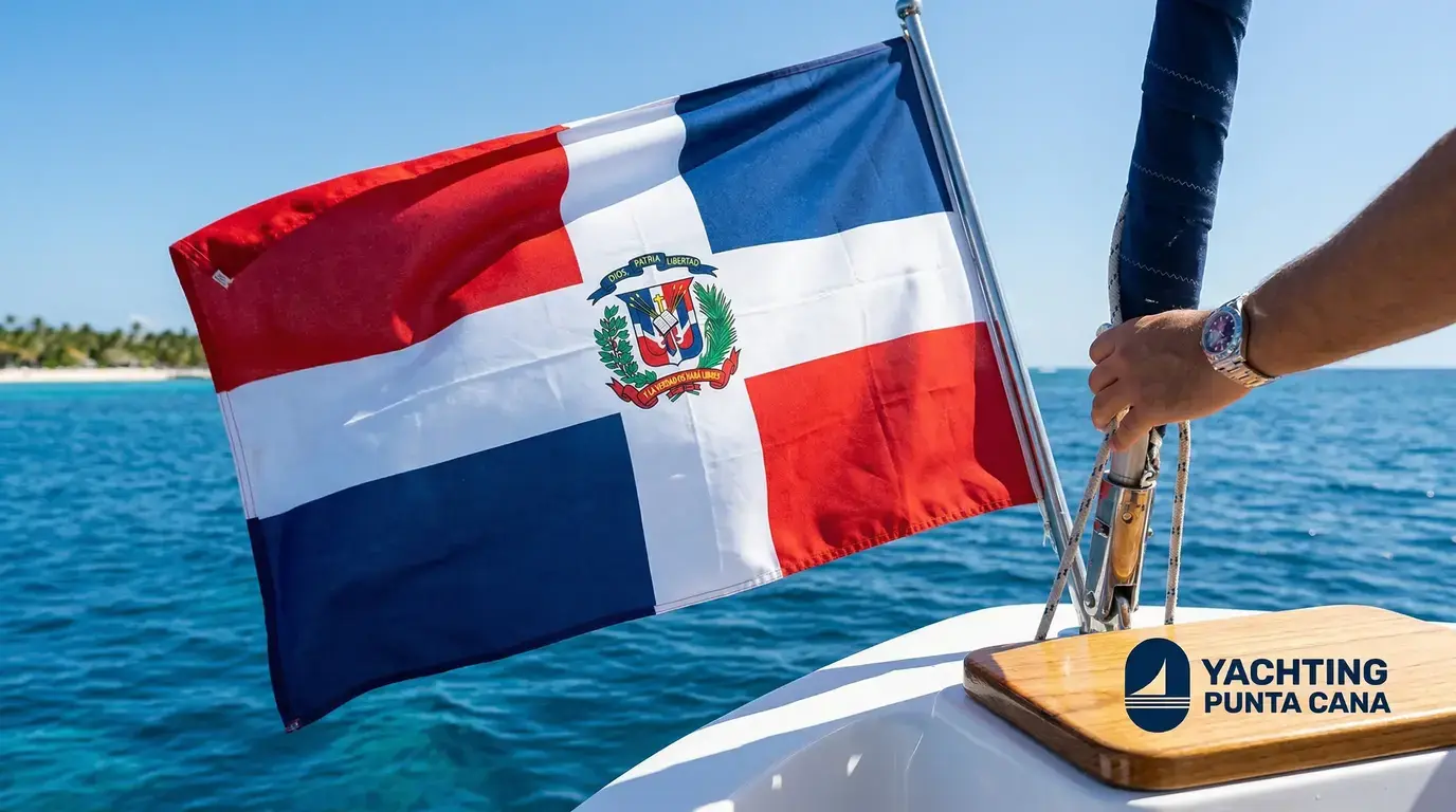 Dominican flag with its coat of arms flying from a yacht's flagpole over blue sea, with a palm-lined shore behind