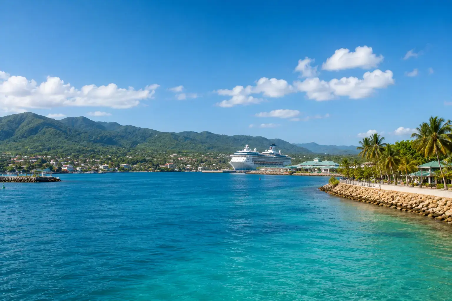 Tropical harbor with cruise ship

