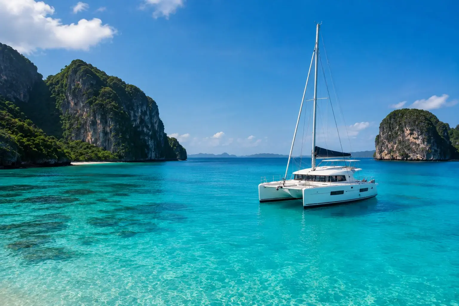 Things to Do in Thailand Phuket featuring a realistic white catamaran in turquoise waters surrounded by tropical limestone islands.