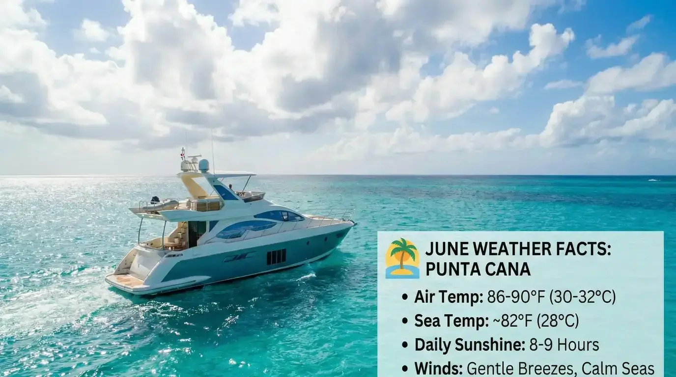 Flybridge yacht cruising off Punta Cana with June stats: air 86–90°F, sea 82°F, 8–9 hours of sun, calm seas