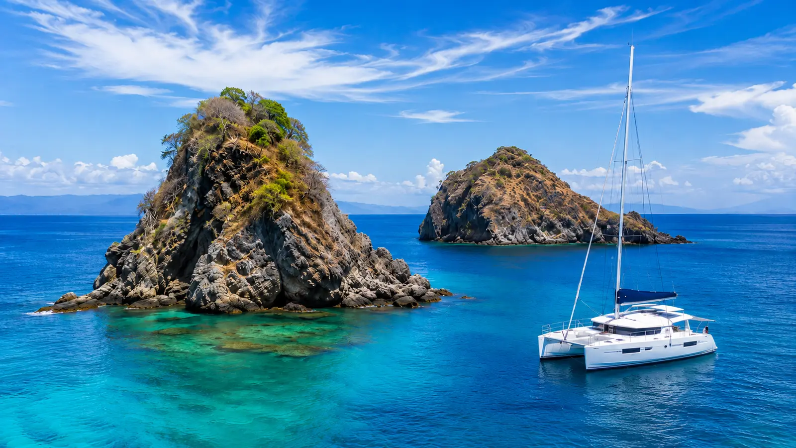 White catamaran sailing near the volcanic Catalina Islands off Costa Rica’s Guanacaste coast with clear turquoise Pacific water.