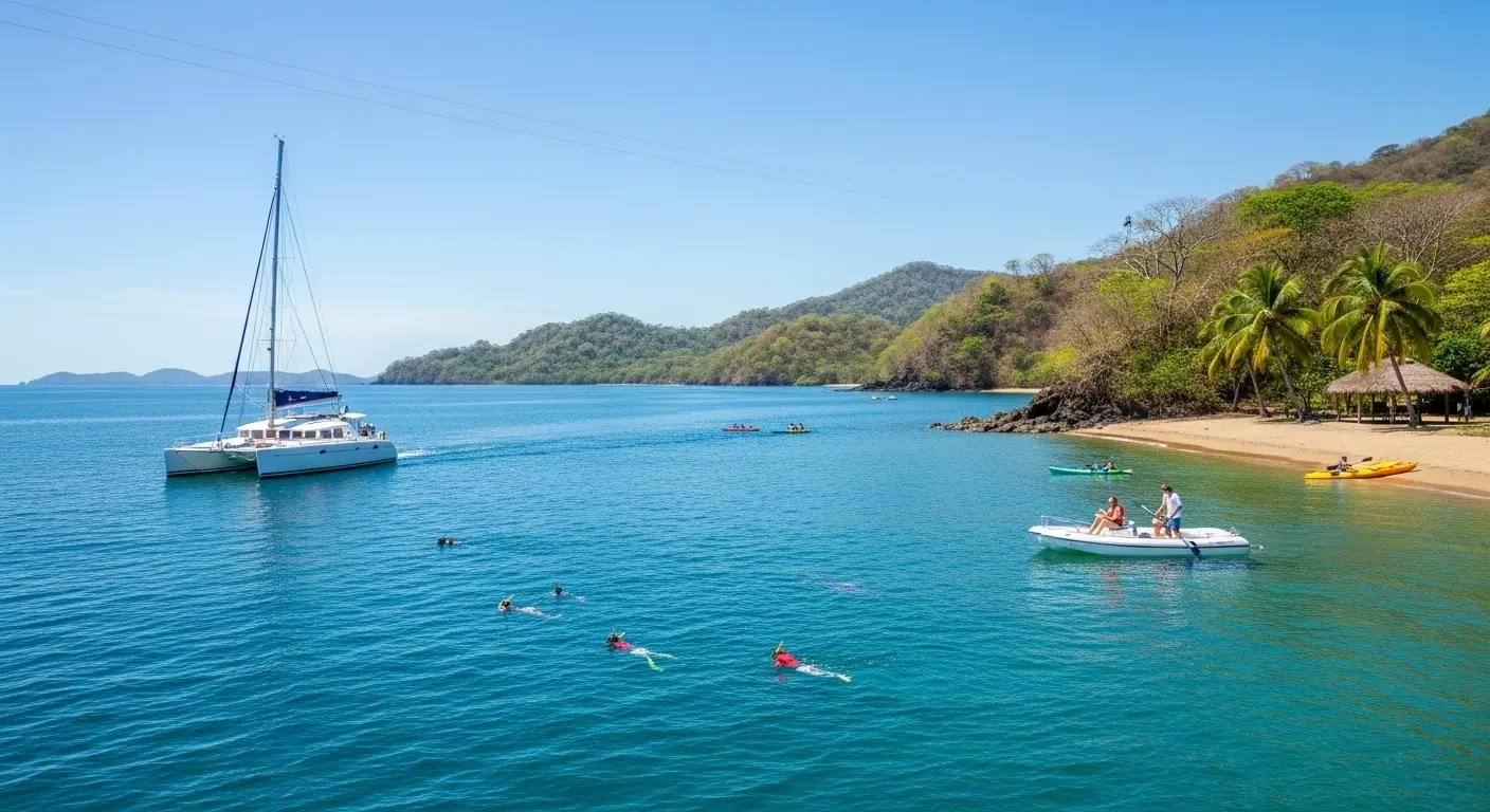 Snorkelers by an anchored catamaran, with kayaks and a skiff near a palm-fringed beach in the Gulf of Papagayo
