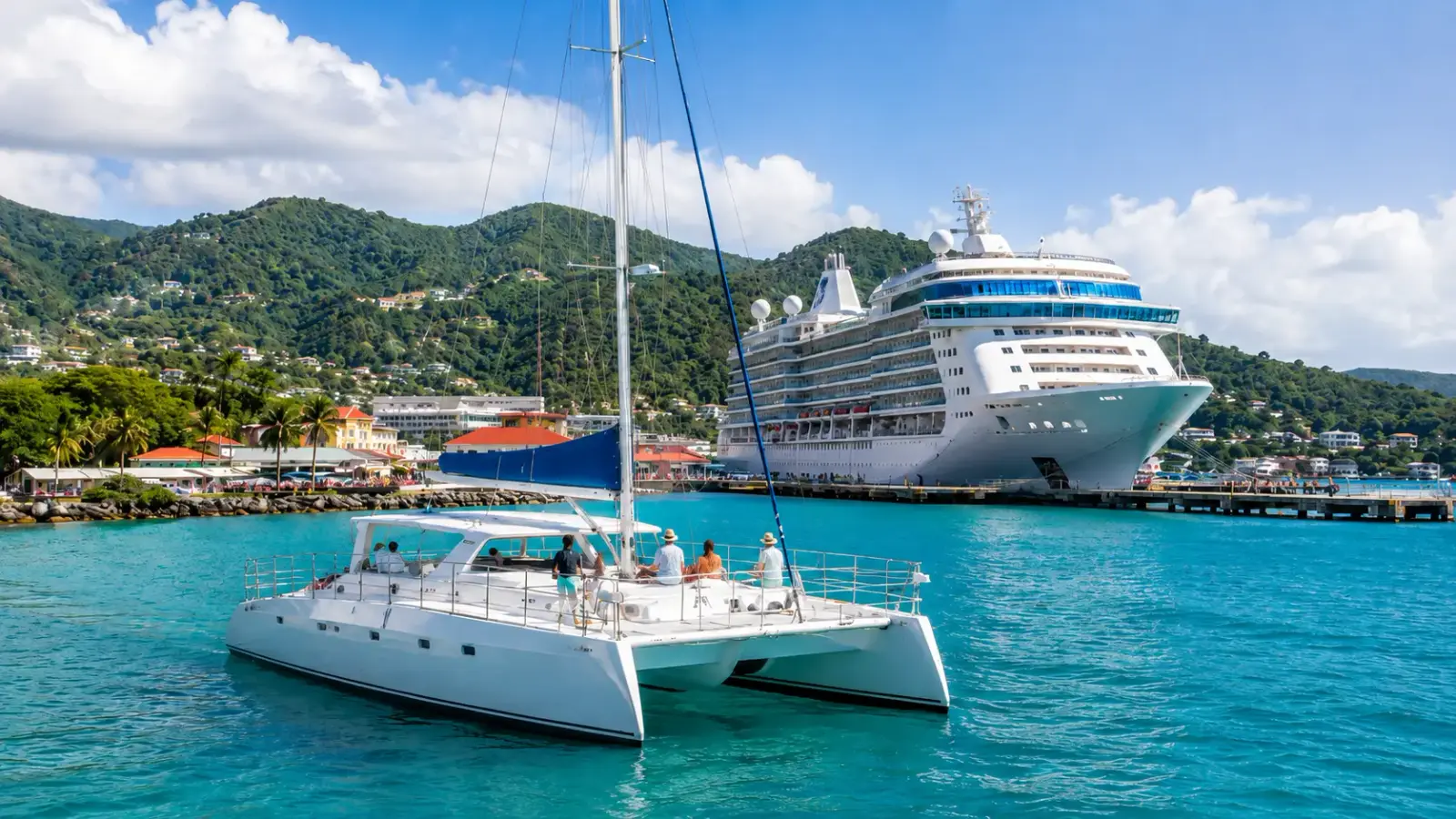 White catamaran sailing near a cruise ship at a tropical Jamaica cruise port with turquoise water and green hills