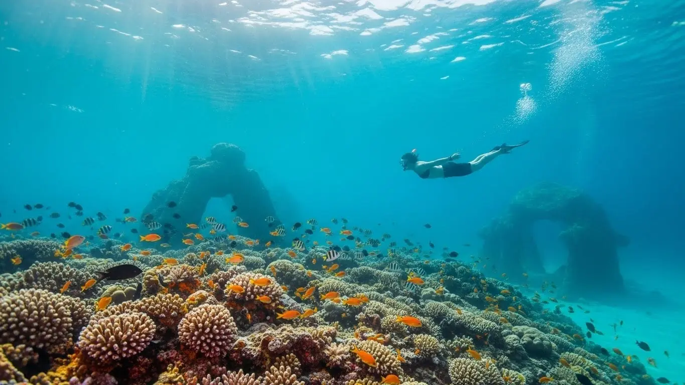 Snorkeler gliding above vibrant coral reefs and marine life, showcasing one of the best activities to do in Cancun.