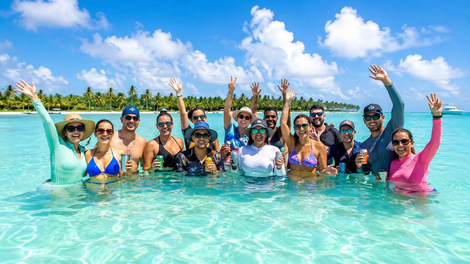 Group of guests waving from waist-deep turquoise water off Saona Island