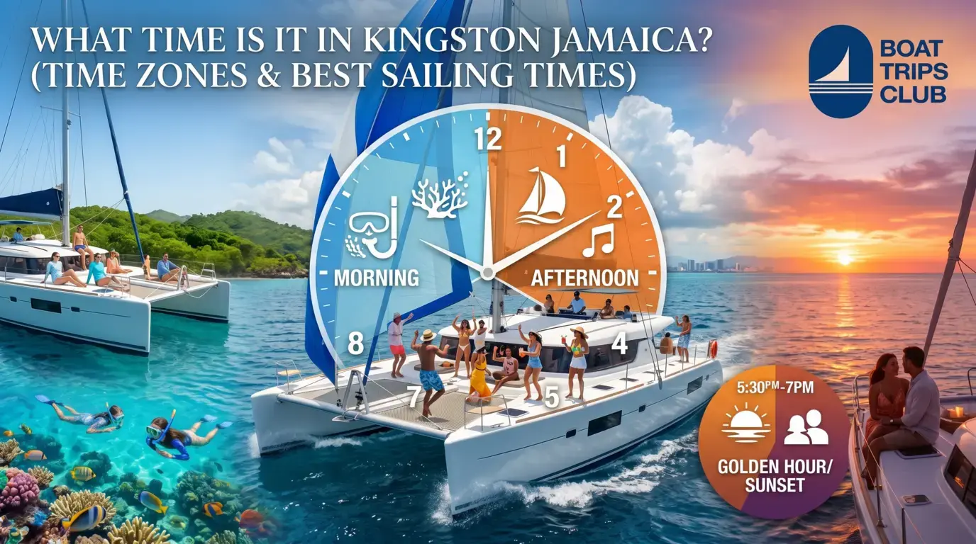 Clock graphic over catamaran scenes: morning snorkeling, afternoon sailing and music, 5:30 to 7 PM sunset