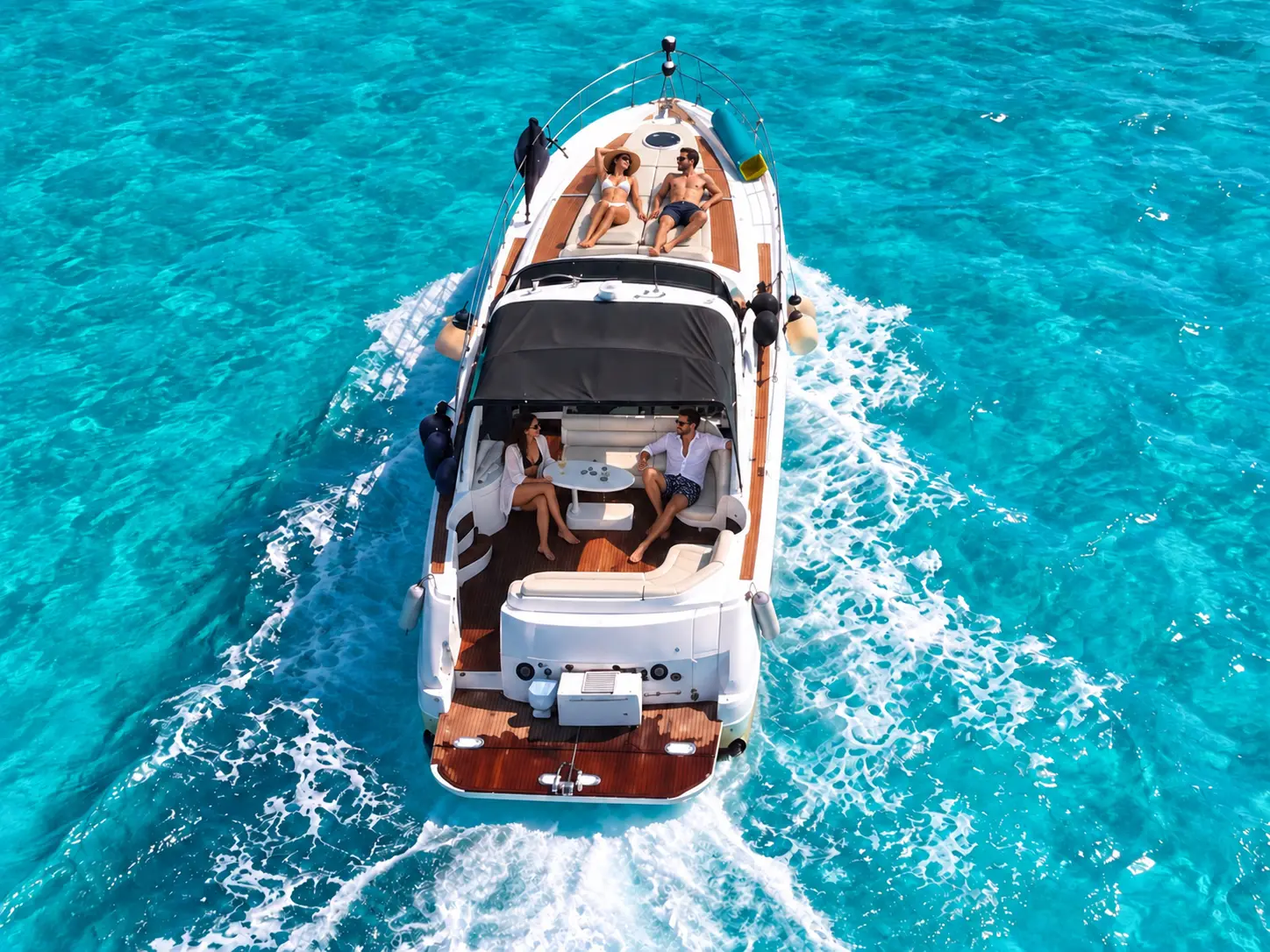 Overhead view of a motor yacht cruising turquoise water off Cancún, guests on the bow sun pad and in the cockpit