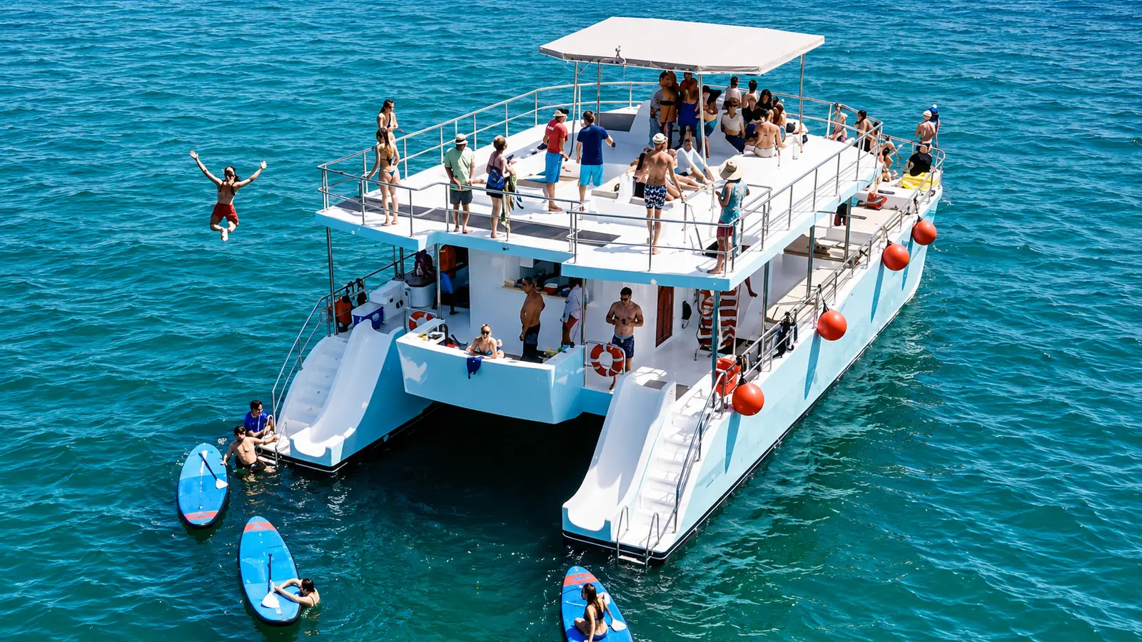 Aerial view of the catamaran at anchor as a guest jumps from the top deck and others paddleboard nearby