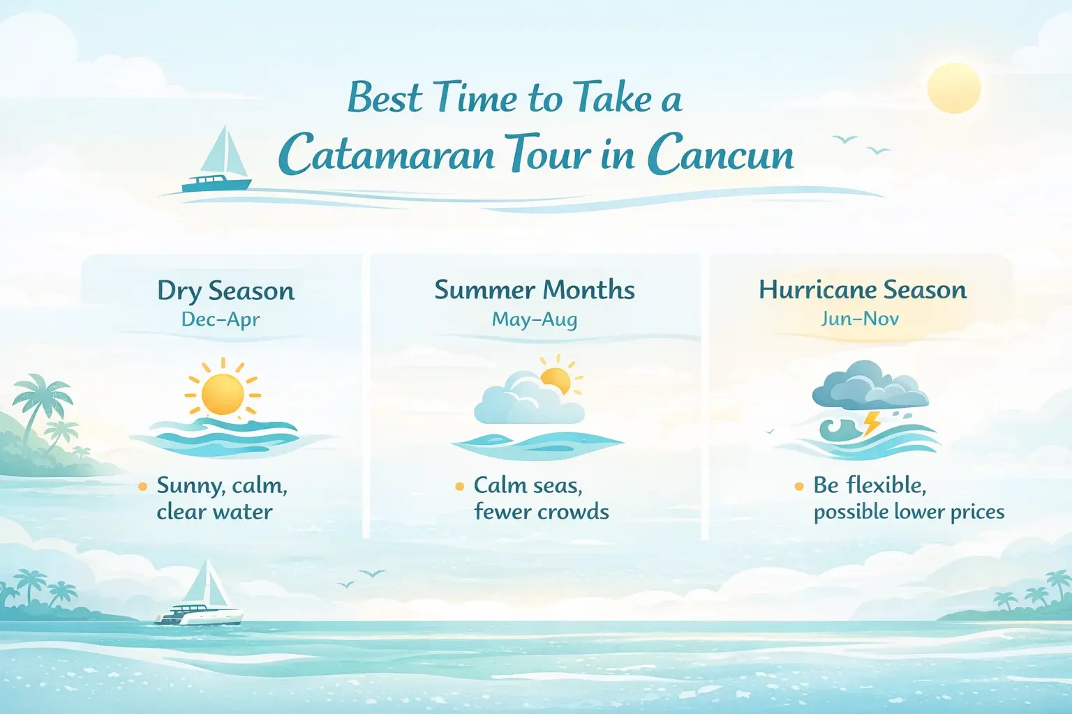 Landscape infographic showing the best time to take a Cancun catamaran tour: Dry Season, Summer Months, and Hurricane Season.