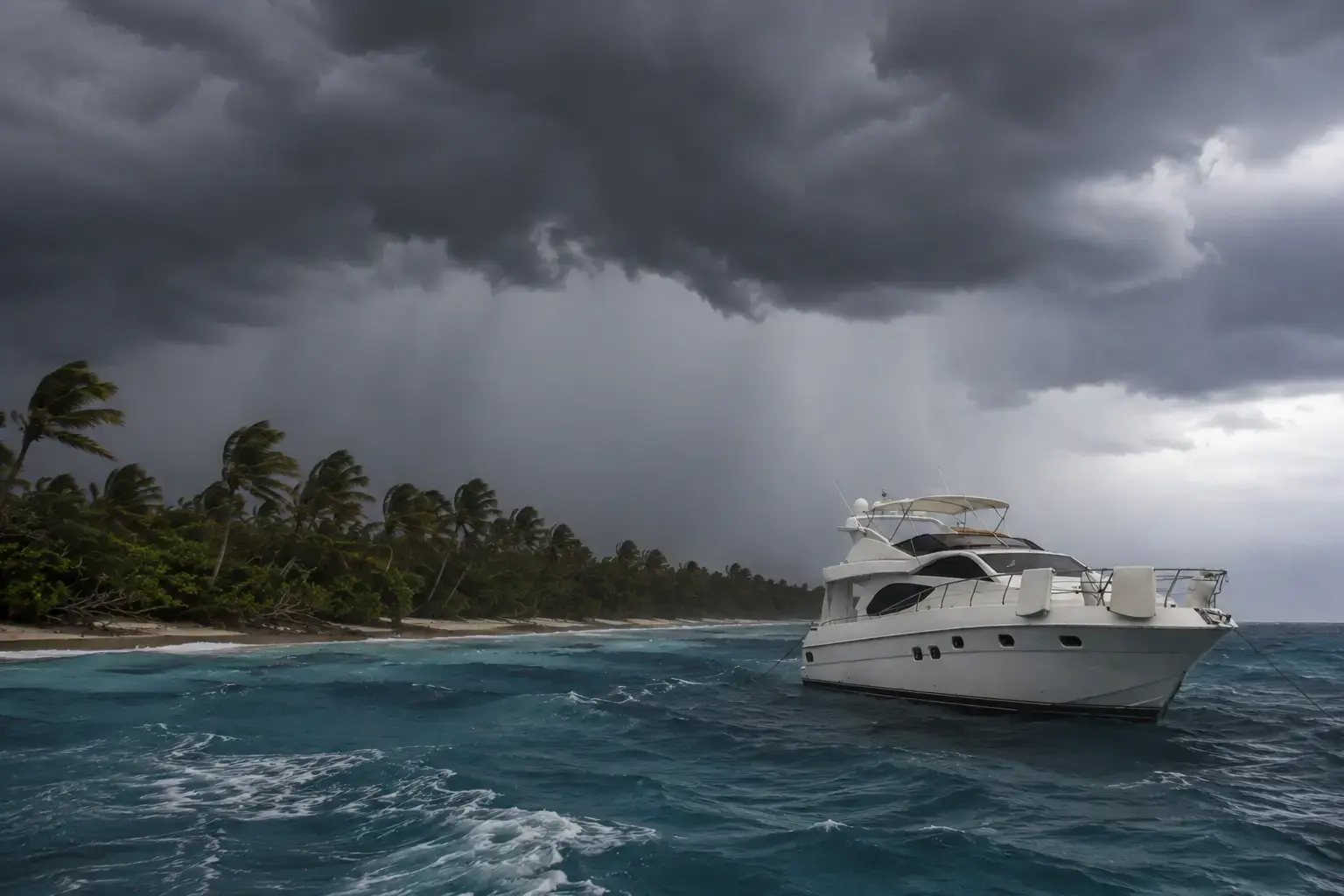 Luxury yacht anchored in rough turquoise waters during stormy weather, with heavy rain, strong winds, dark hurricane clouds, and windblown palm trees along a tropical coastline.